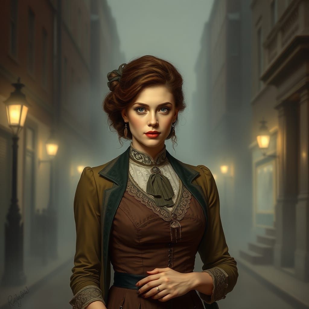 Elegant Victorian Woman in Foggy London Street