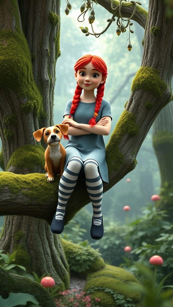 Grown-up Pippi Longstocking still hangs out in trees with her dog.🌲🐶