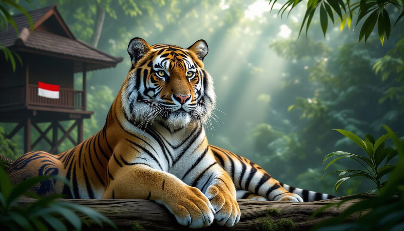 Sumatran Tiger with Batik Patterns in Misty Rainforest