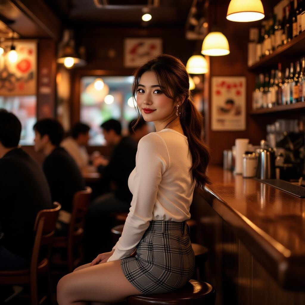 Vintage Photo of Japanese Woman in Cozy Izakaya