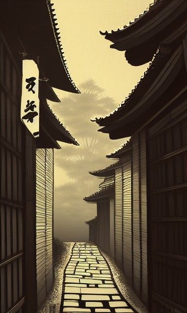 Japanese Alleyway in Shin-Hanga Style