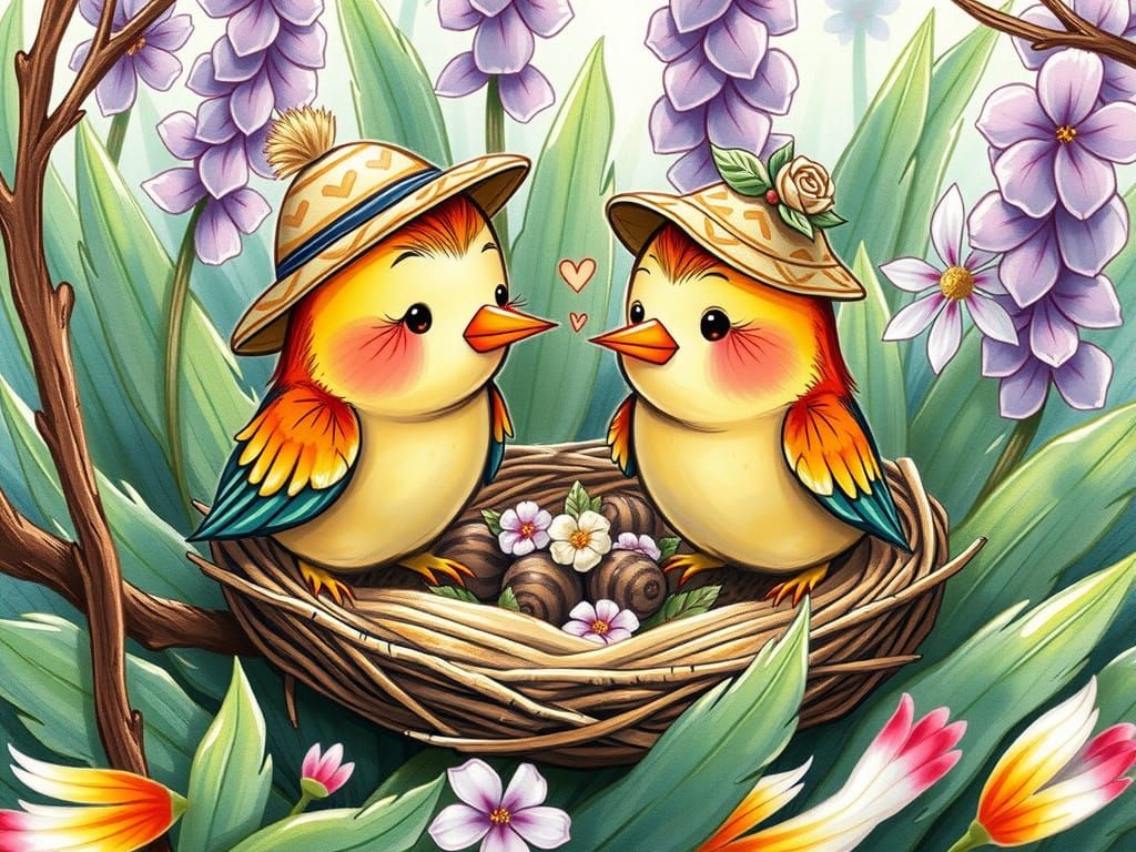 Whimsical Cartoon Lovebirds Build Cozy Nest