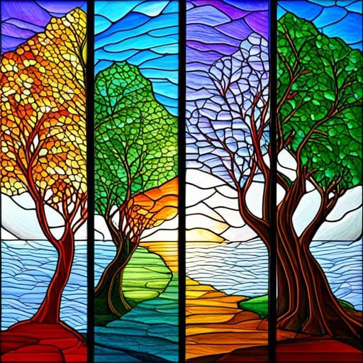 Four Seasons Trees in Stained Glass Style