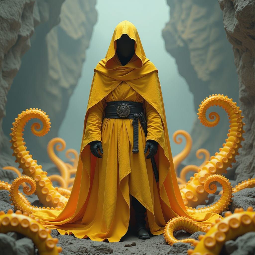 Figure in Yellow Robes Amidst Tentacles