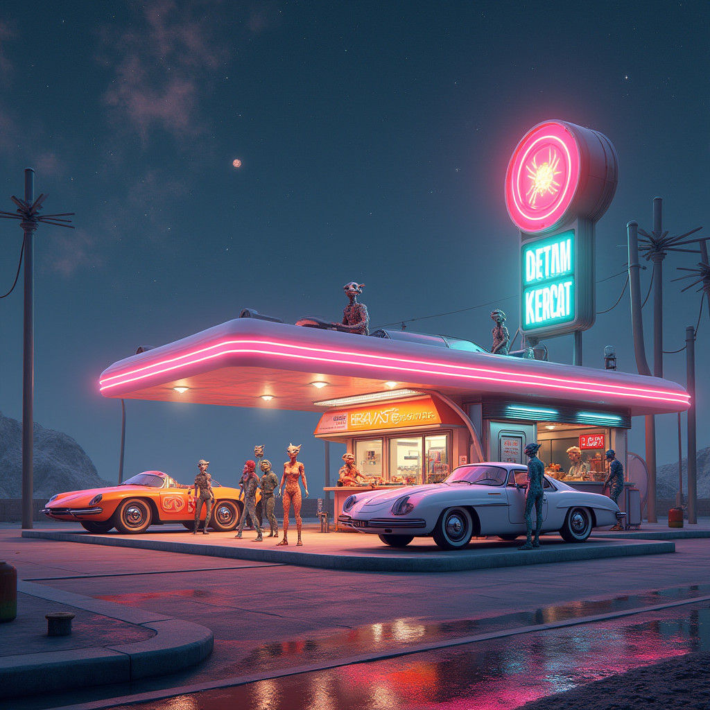 Retro-Futuristic Gas Station in Space: Matte Painting
