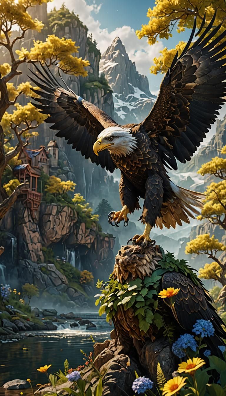 Majestic Eagle Soaring in Summer Landscape