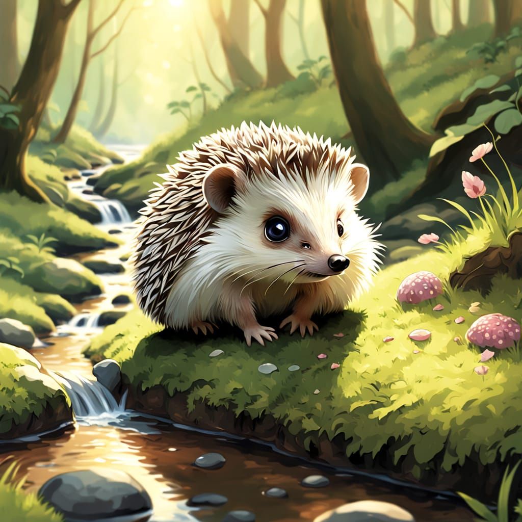 Hedgehog by Stream in Sun-Dappled Forest: Digital Matte Pain...