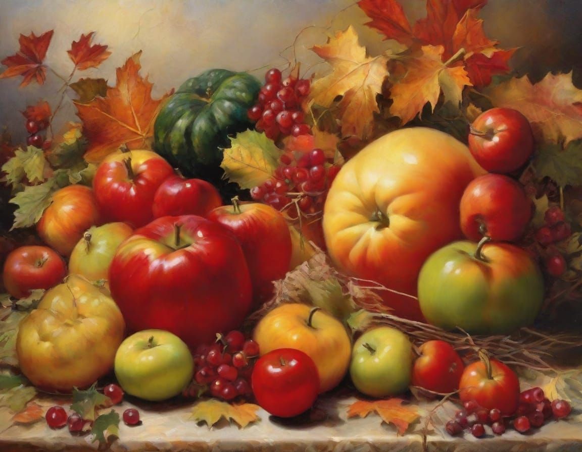Vibrant Oil Painting of Abundant Harvest Cornucopia
