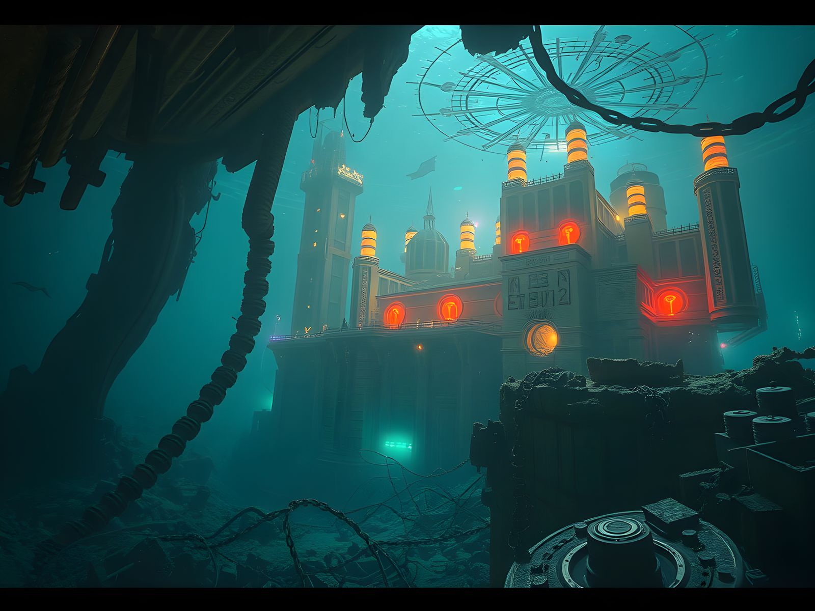 Cyber-Futuristic City at Ocean Bottom in Cinematic Style