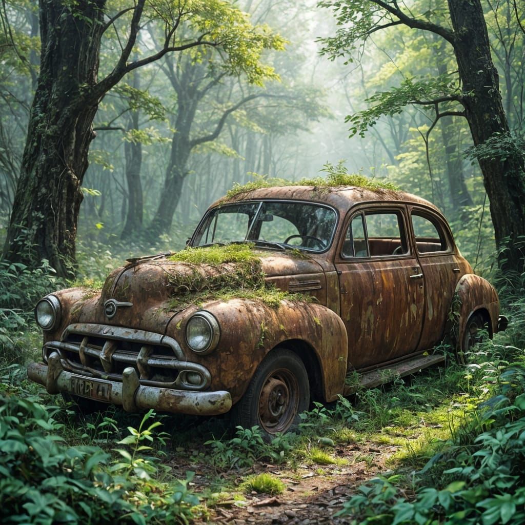 Vintage Car Reclaimed by Nature in Forest