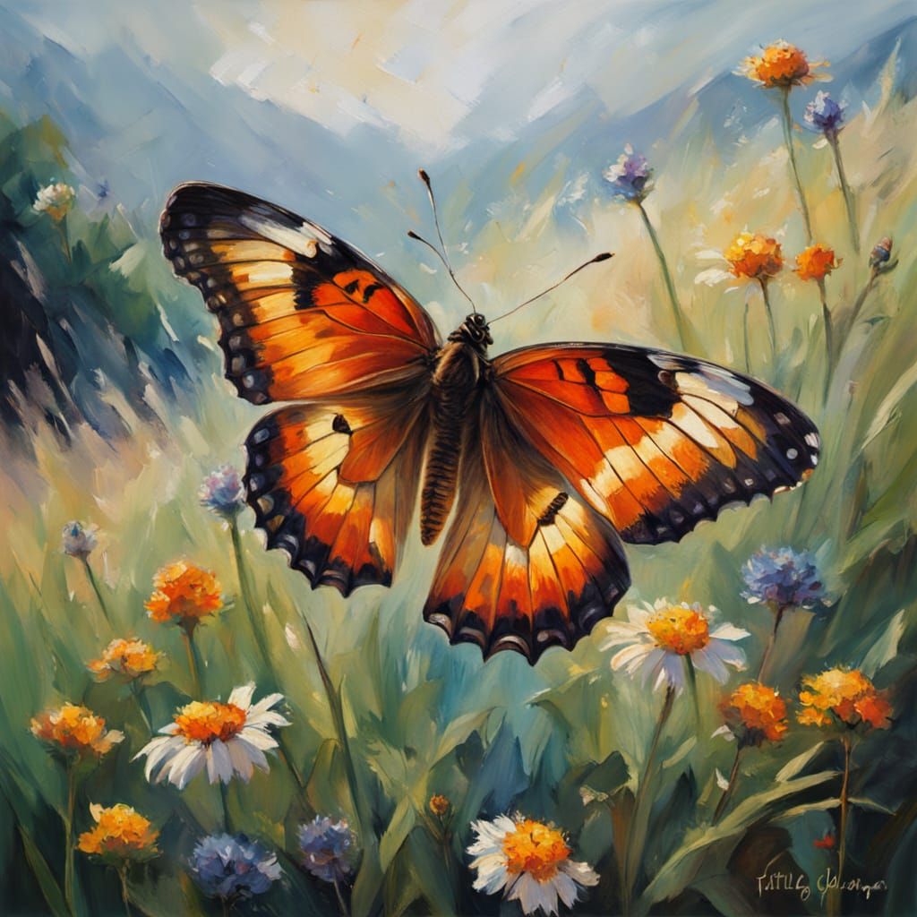 Delicate Butterfly Wings Reflecting a Vibrant Meadow in Impr...