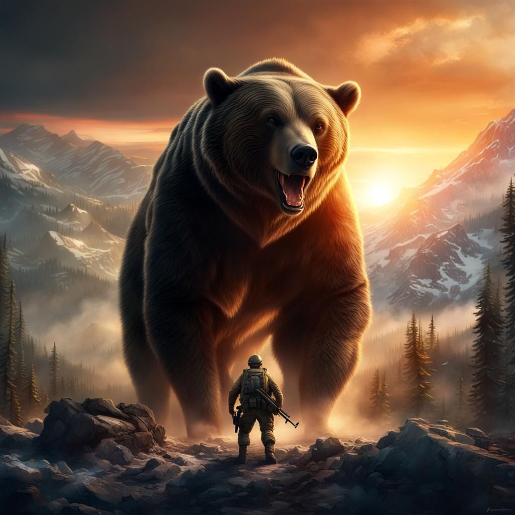 Epic Battle: Soldier and Giant Bear at Sunset