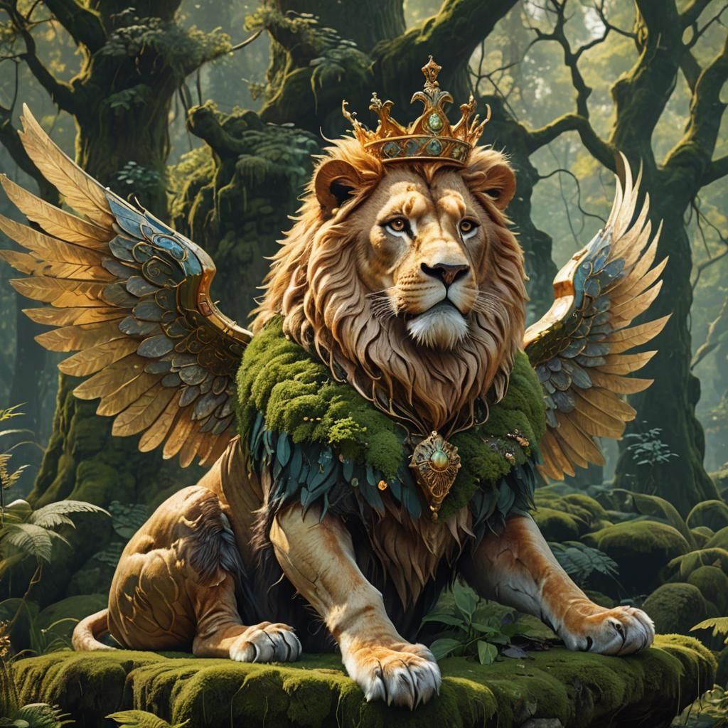 Lion with Fairy Wings in Forest: Fantasy Art