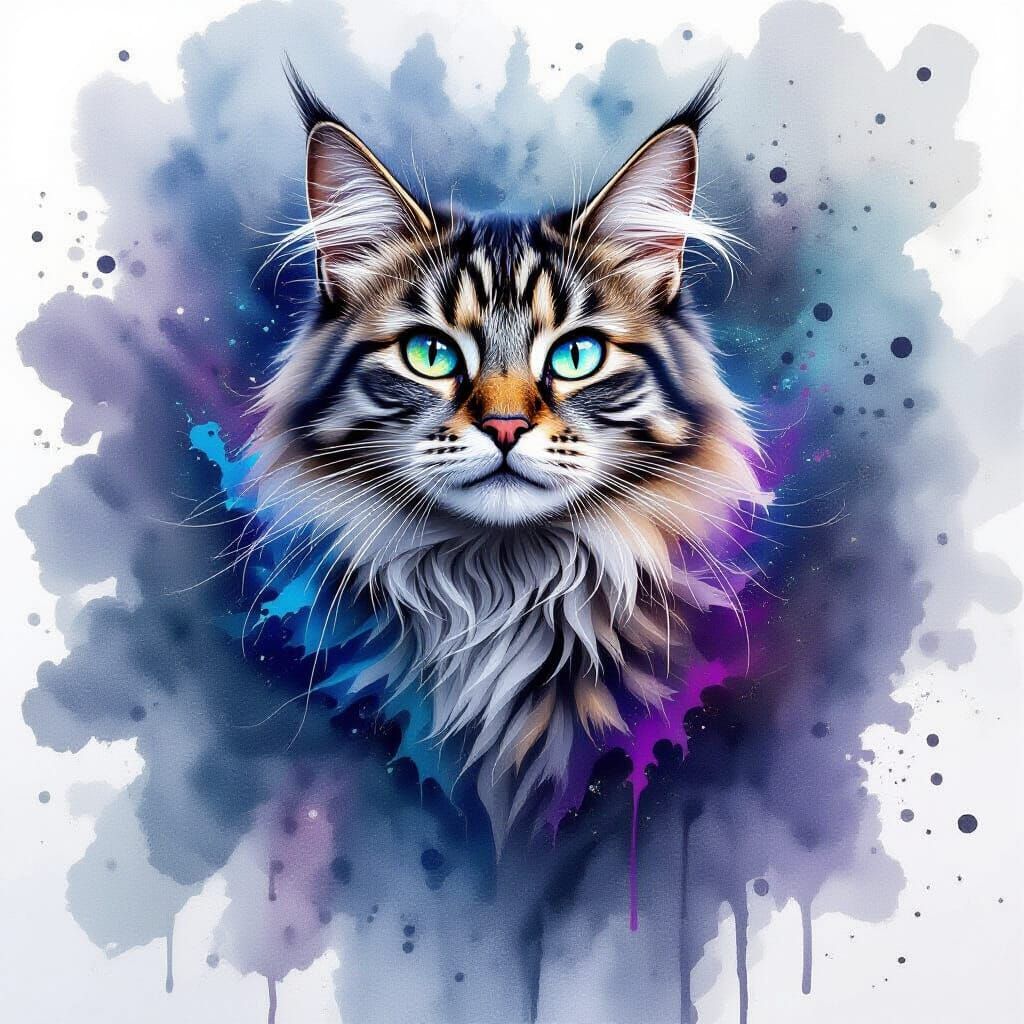 Bold Cat Amidst Watercolor Storm of Blue and Violet
