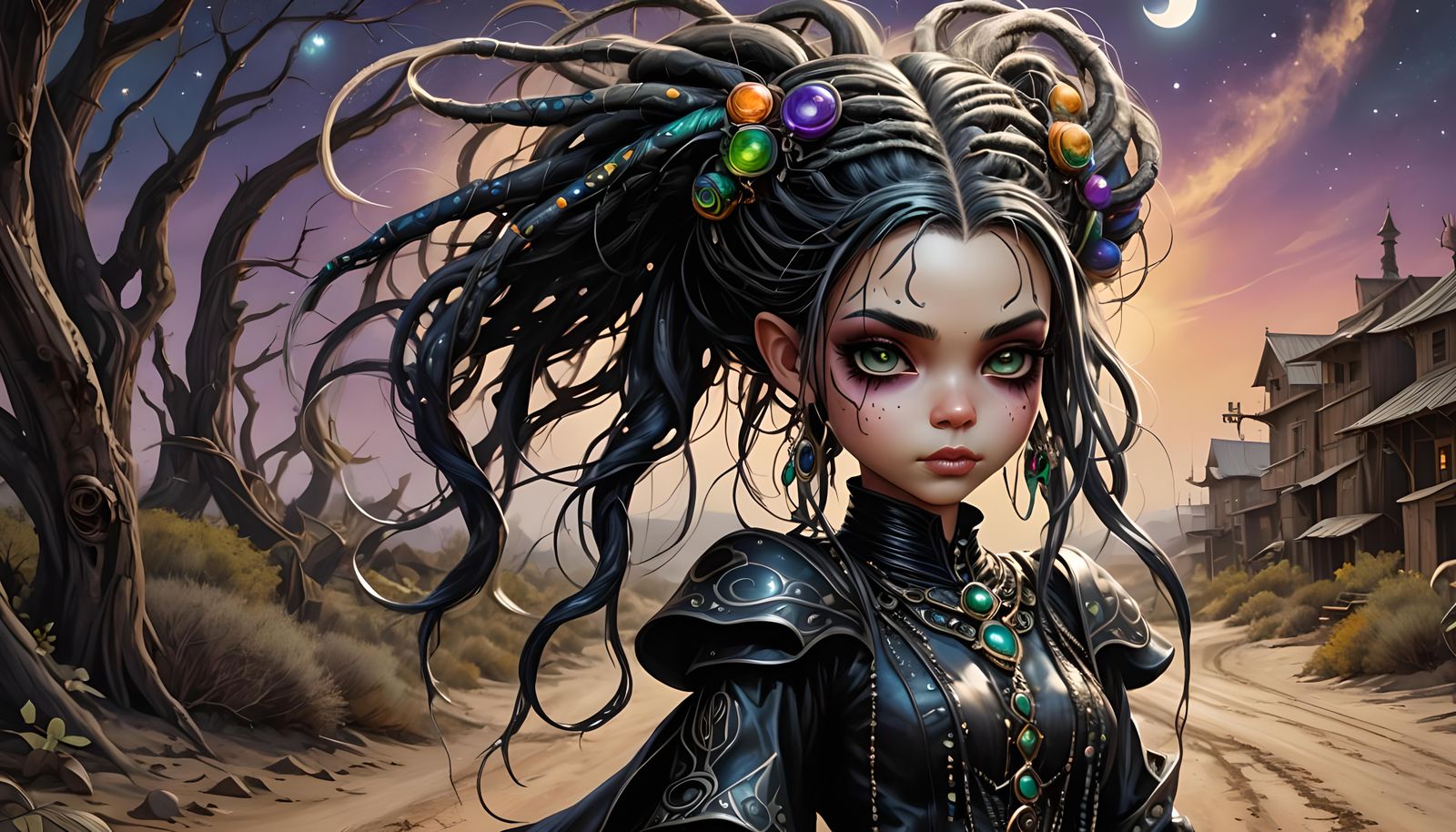 Whimsical Sorceress on Dirt Road: Digital Art