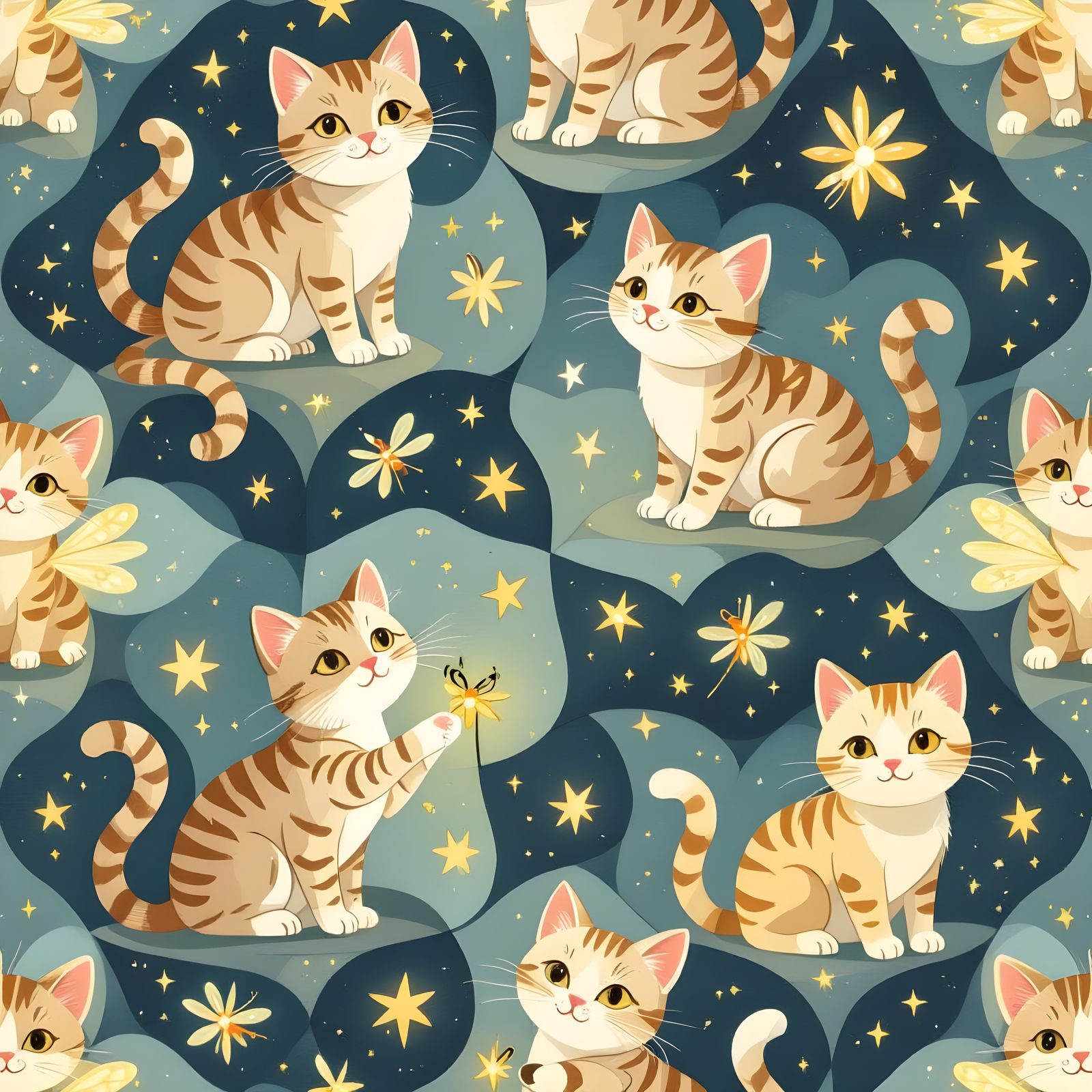 Magical Cats and Fireflies Tessellation Pattern