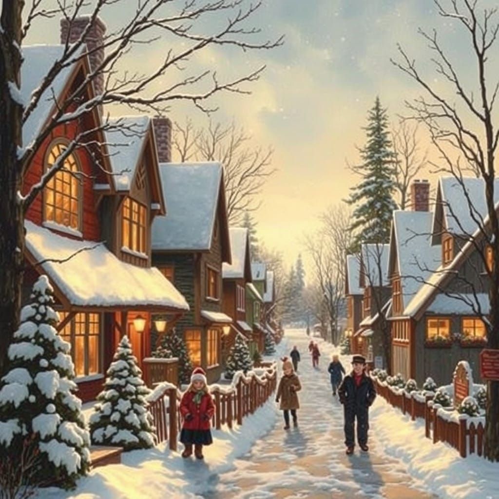 Whimsical Winter Village Scene in Nostalgic Style