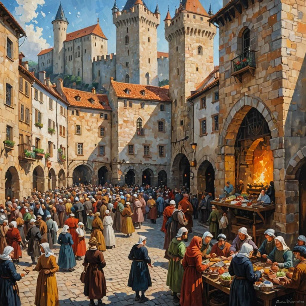 Medieval Town Square in Expressionist Neo-Impressionism Styl...