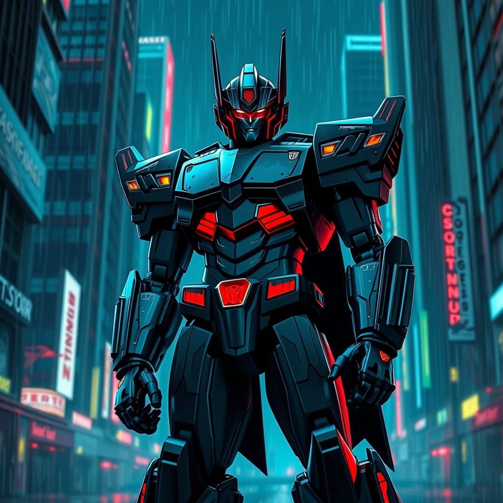 Rodimus Prime in Cyberpunk Cityscape