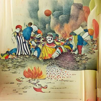 Burning Clowns Pile: Dark Storybook Illustration