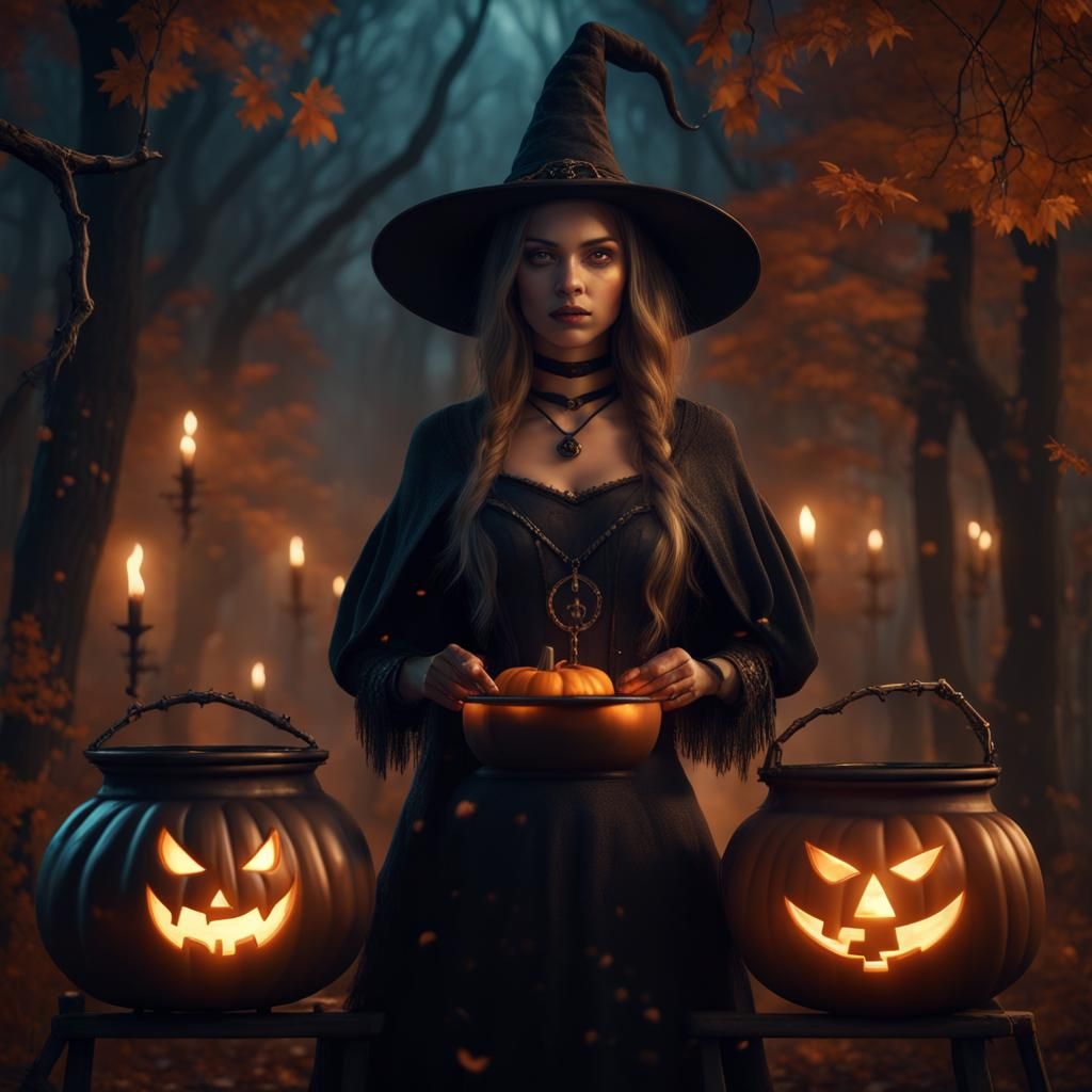 Young Halloween Witch in Woods: Fantasy Concept Art