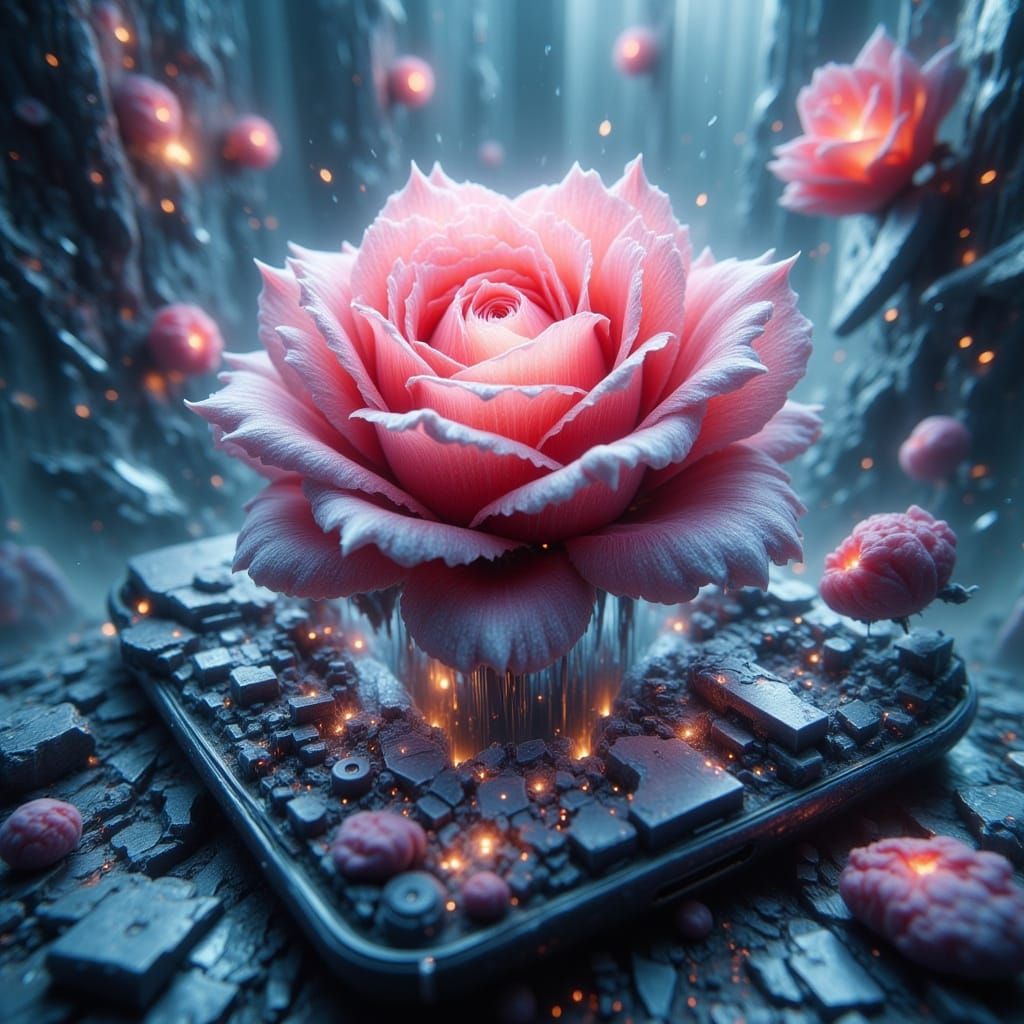 Rose Blooms from Cracked Smartphone in Abstract Reality