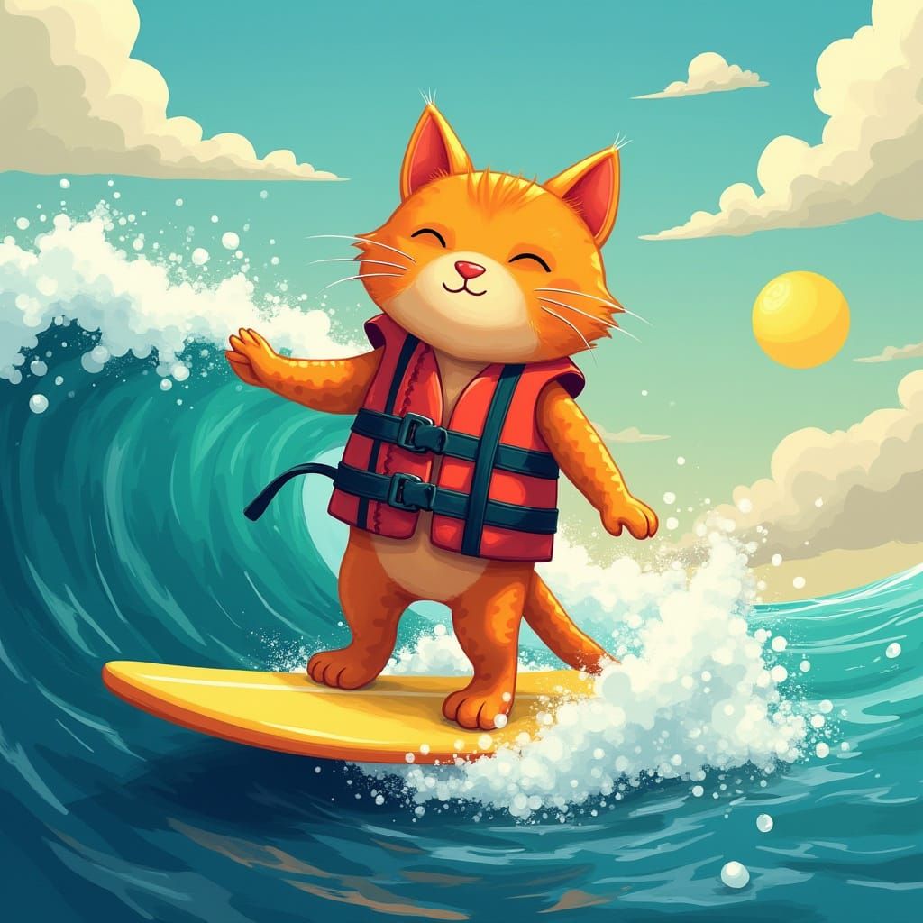 Ginger Cat Surfing on Ocean Wave, Digital Art