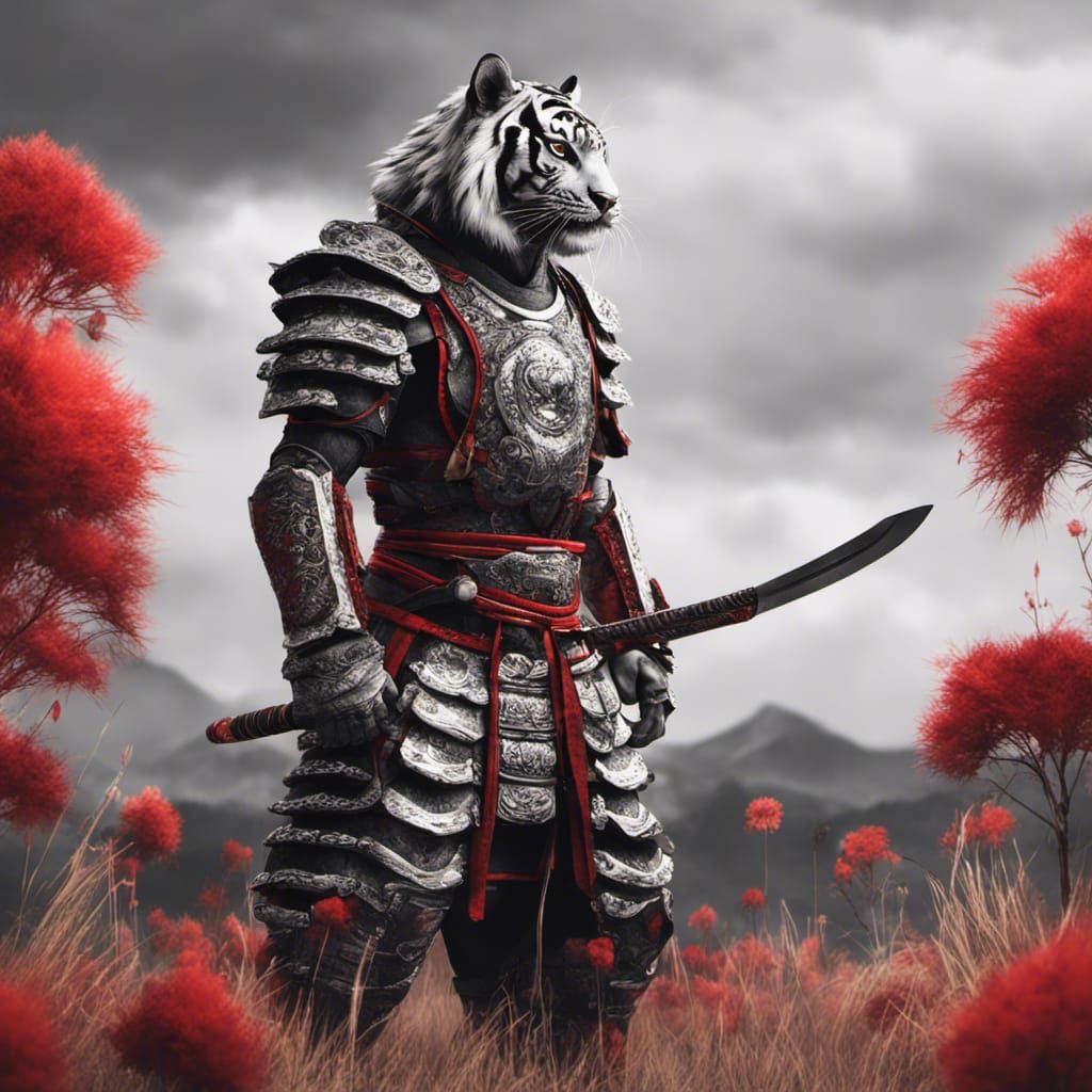 Tiger Samurai in Vivid Flower Field, Photorealistic