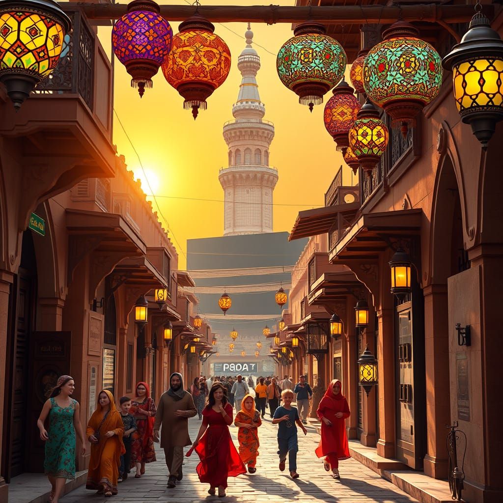 Vibrant Alleyway in Mecca with Grand Mosque Minaret at Sunse...