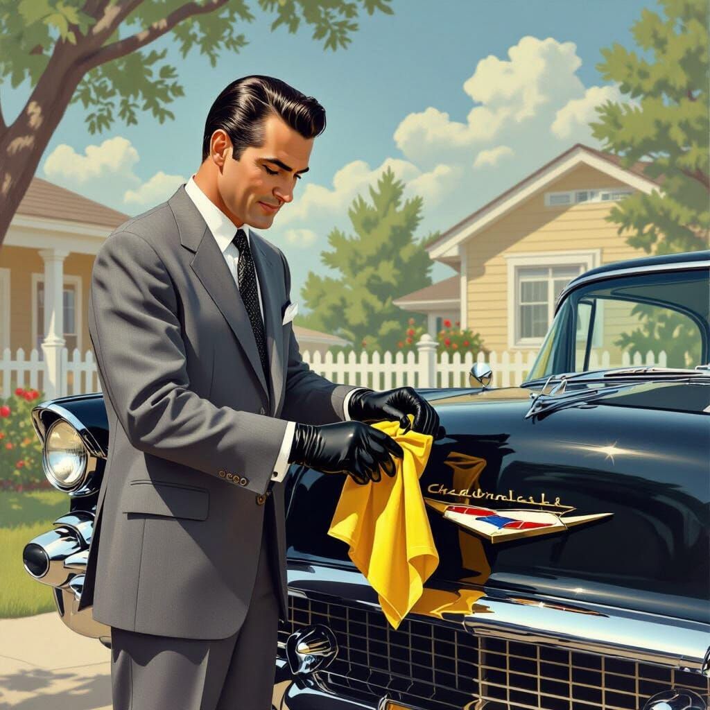 1950s Gentleman Polishing Chevrolet in Retro Style