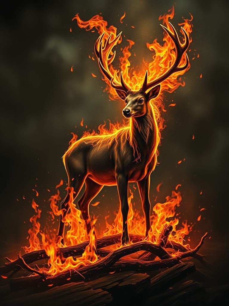 Flaming Deer in Gothic Horror Style