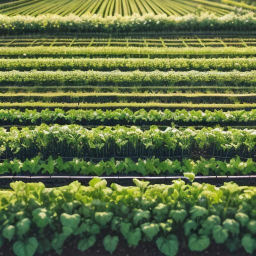 A vegetable garden with rows of neatly organized crops and raised beds.
