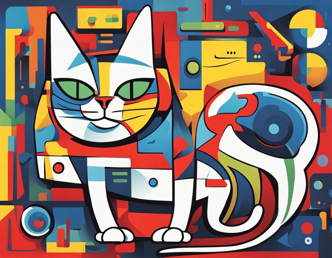 Abstract Alien Cat in Cubist Cartoon Style