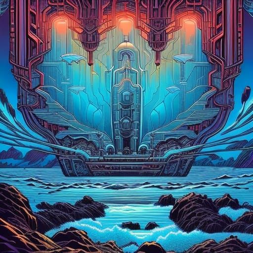 Moebius Style Submarine Exploring Ocean Floor