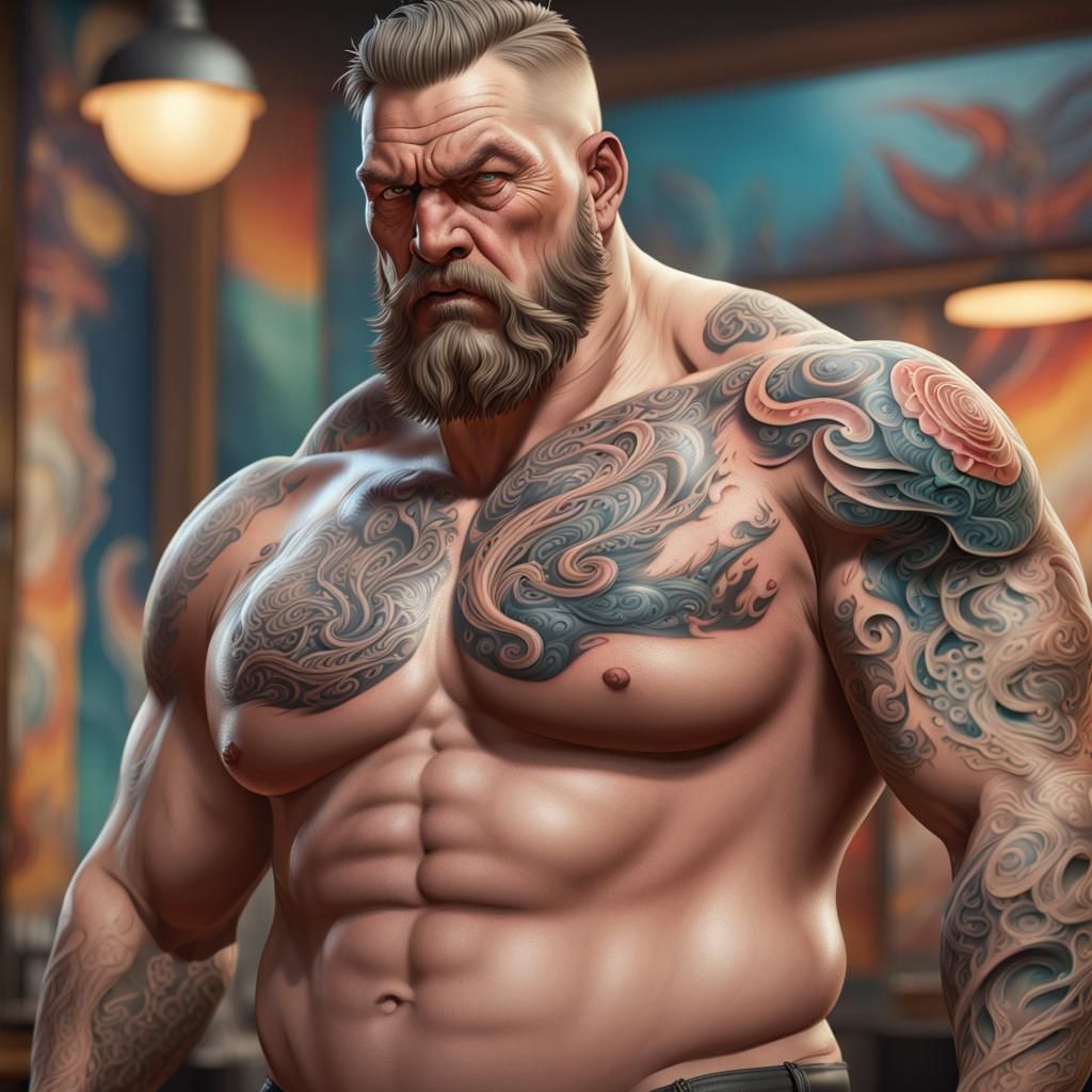 Detailed Portrait of a Tattooed Man in Splash Art