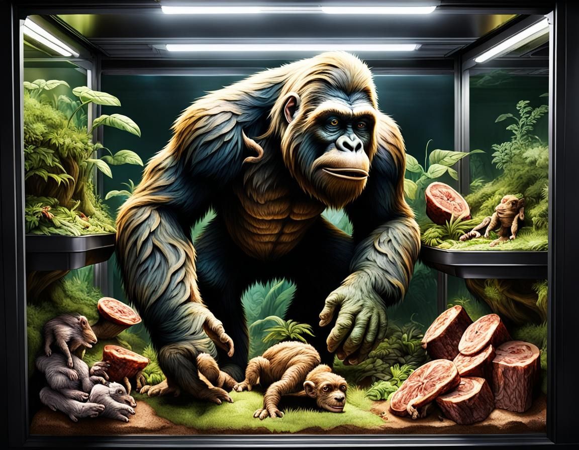 Bigfoot Creatures in a Vivarium Being Fed