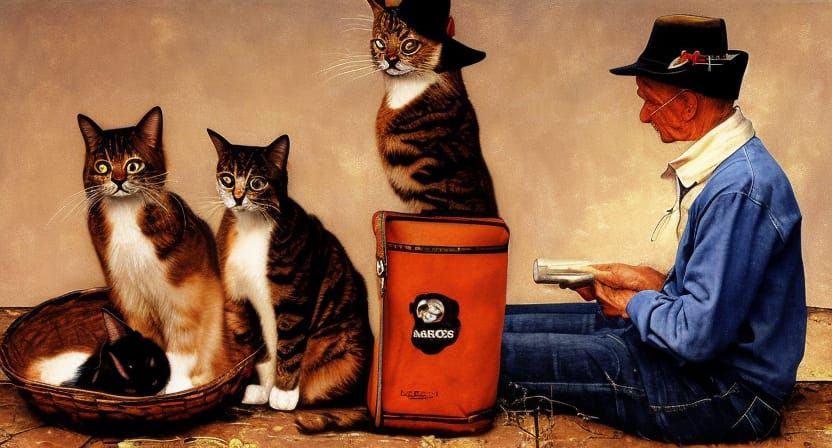 Cats in a Bag: Americana Painting in Rockwell Style