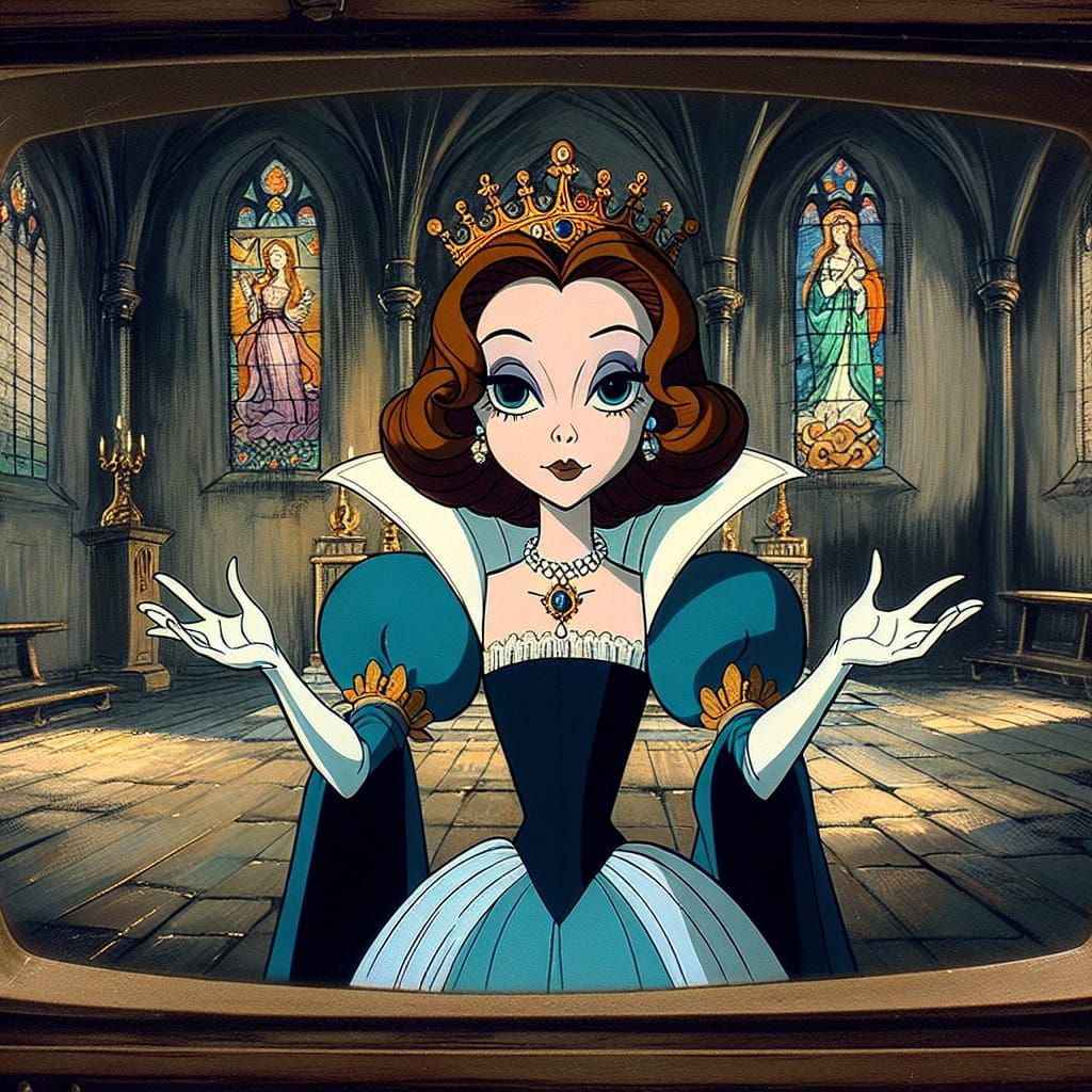 Elegant Queen in Ancient Chapel, Vintage Cartoon Style