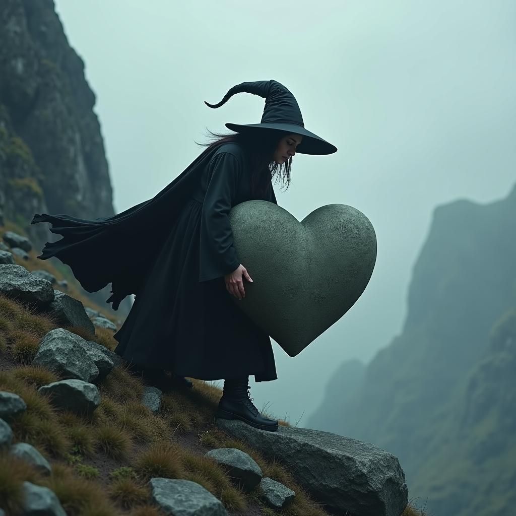 Witch Carrying Stone Heart Up Mountain