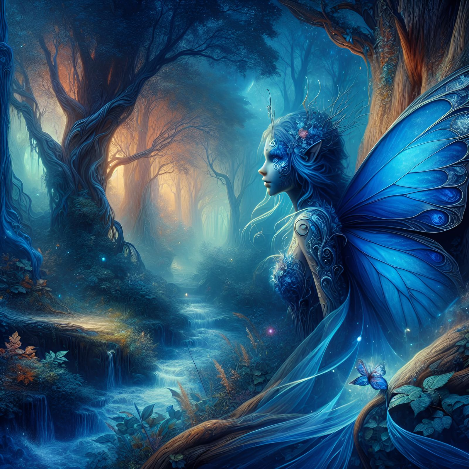 Blue Butterfly fairy in the fantastical fairy enchanted forest