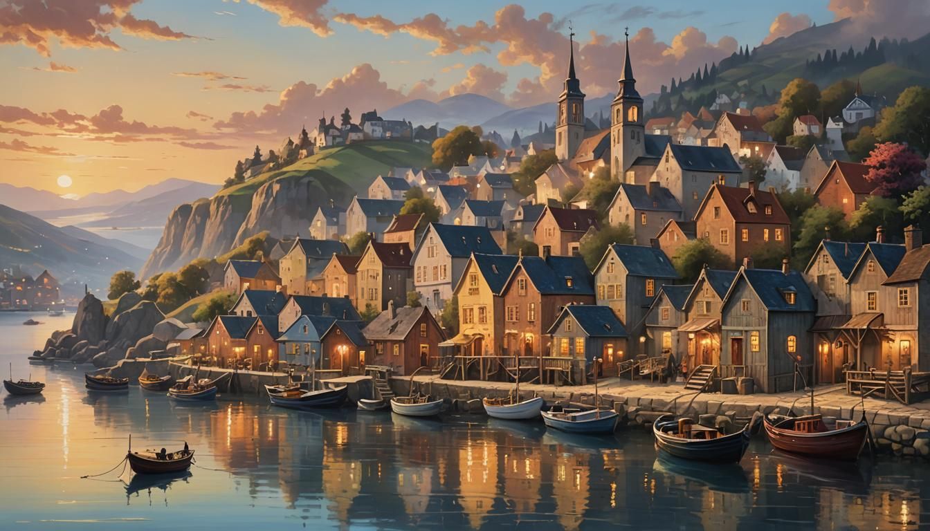 Charming Seaside Village at Sunset: Nostalgic Painting