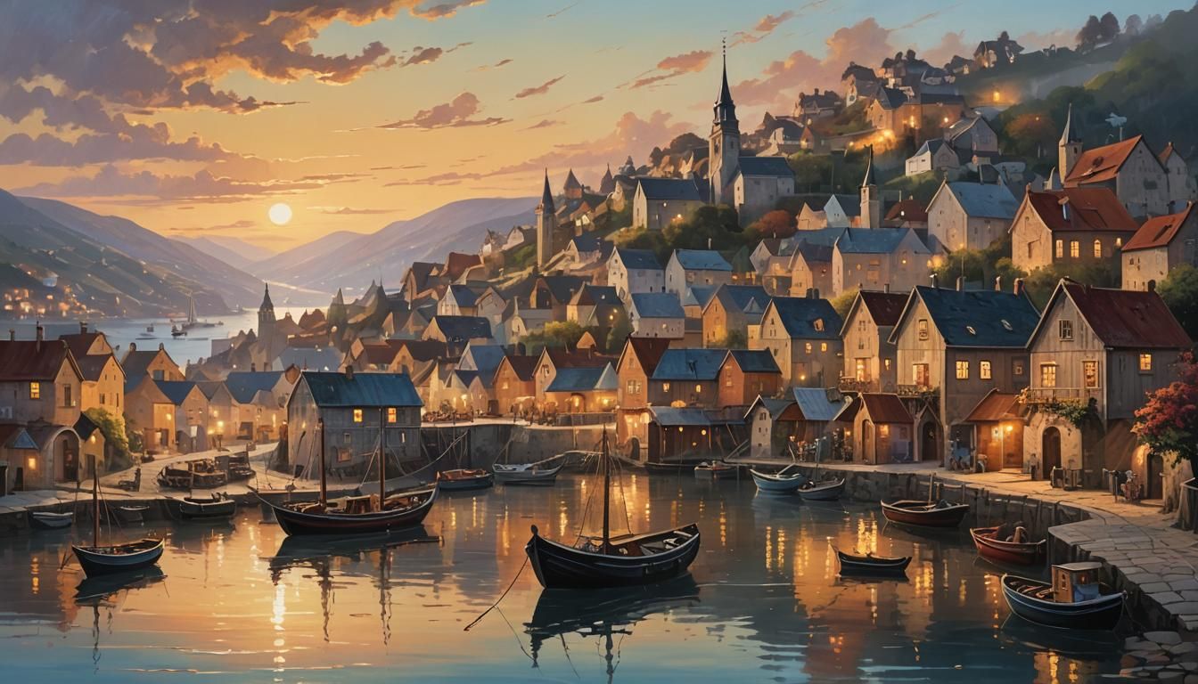 Charming Seaside Village at Sunset: Nostalgic Painting