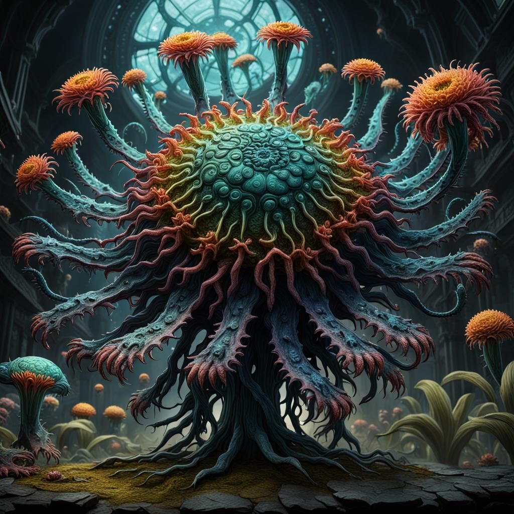 Lovecraftian Cronenberg Flower Virus: Detailed Matte Paintin...