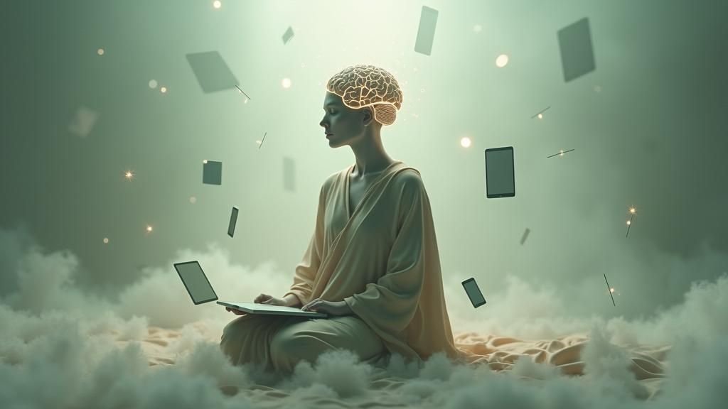 Serene Figure Surrounded by Digital Devices