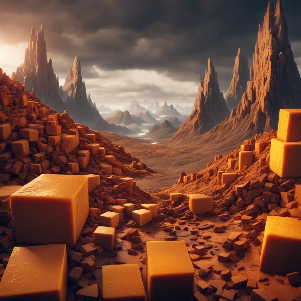 Dystopian Cheddar Cheese Mountain Landscape