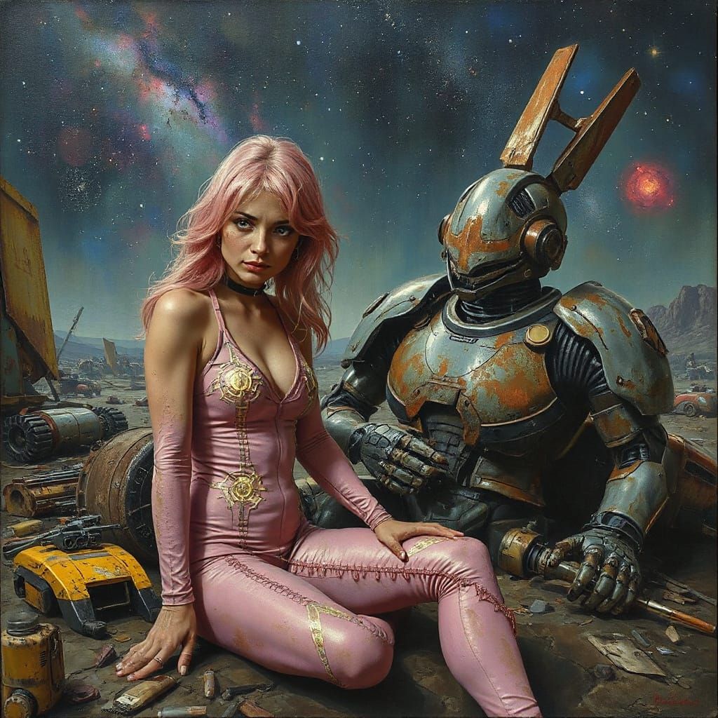 Tired Pink-Haired Warrior in Sci-Fi Battlefield