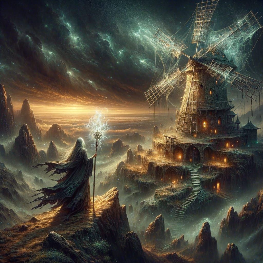 Witch on Windswept Peak Overlooking Dusk Valley