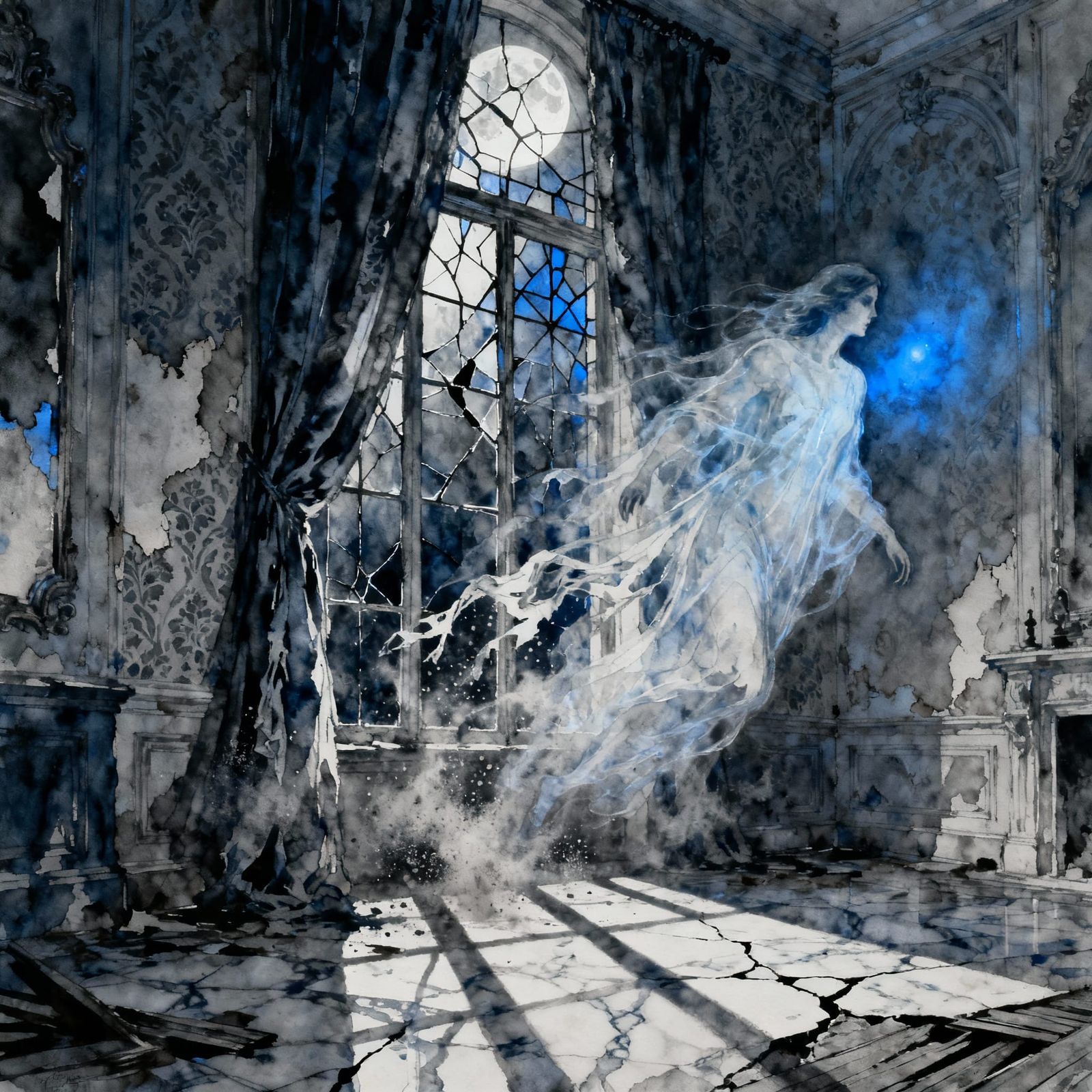 Ghostly Figure in Crumbling Victorian Mansion