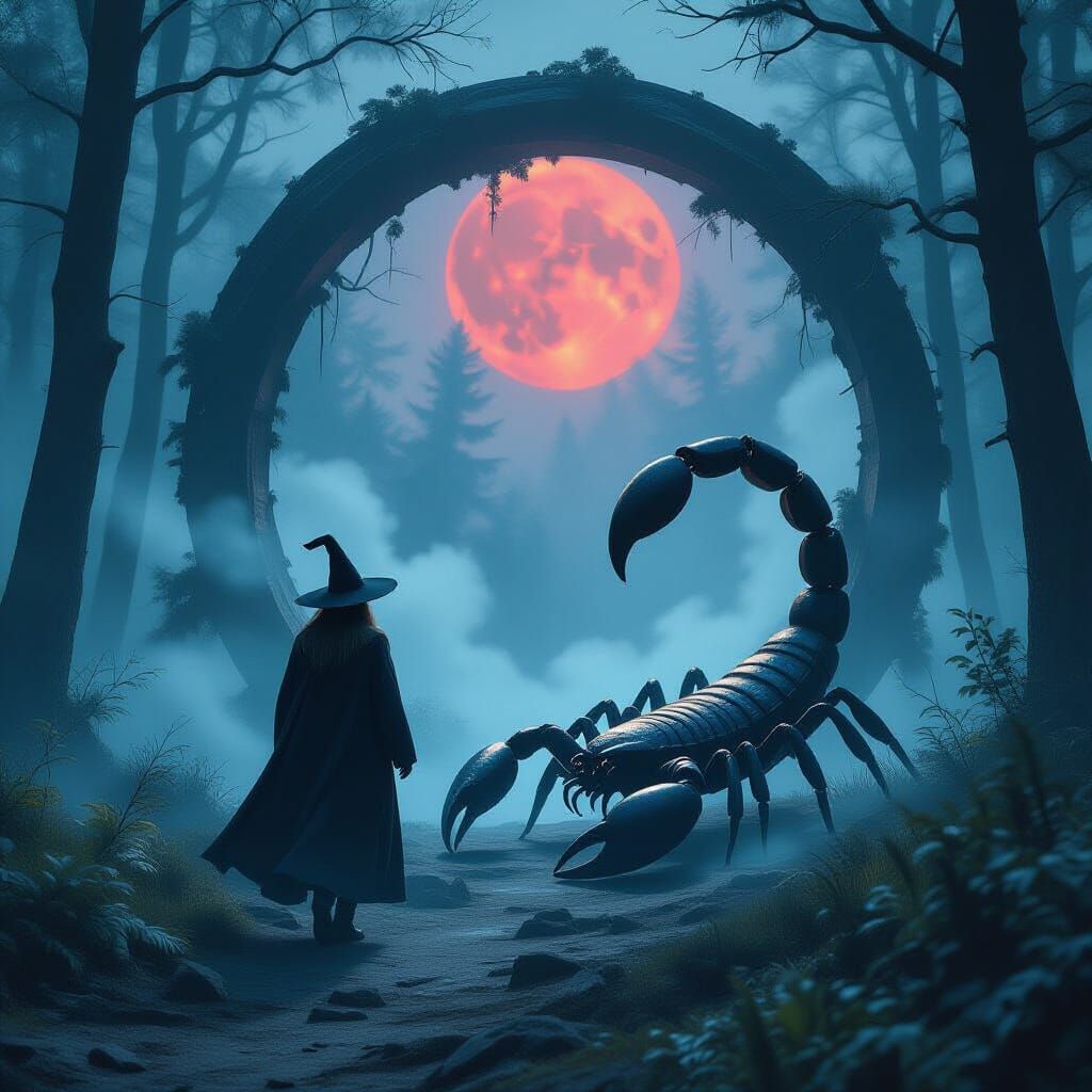 Surreal Traveler and Scorpion Portal in Misty Forest