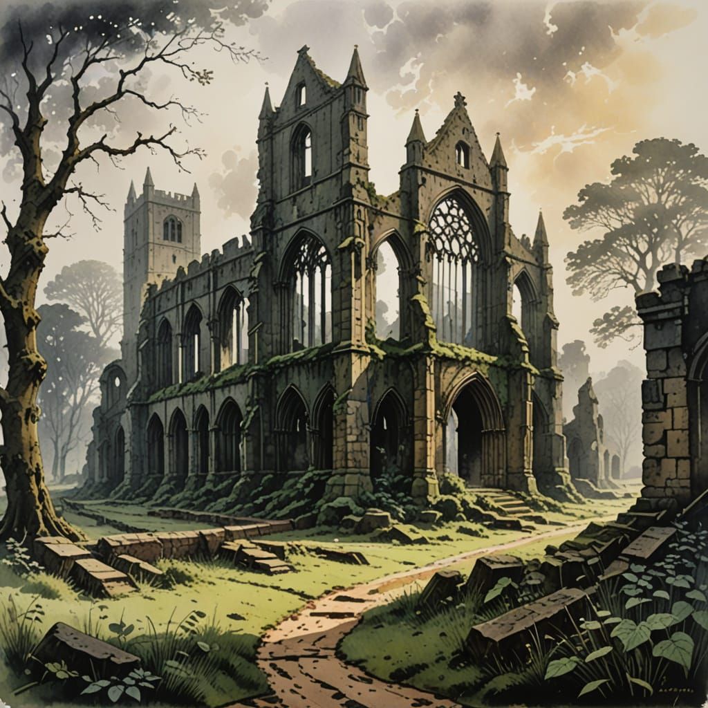 Abbey Ruins Reclaimed by Nature: Ink Painting Landscape